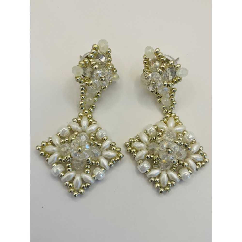 LAST CHANCE! Handcrafted Pearl Crystal Beaded Drop Earrings Gold Tone Bridal